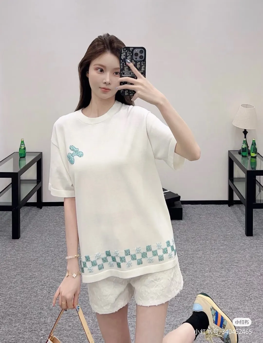 Louis Vuitton/Louis Vuitton beaded letter hem checkerboard knit short sleeves